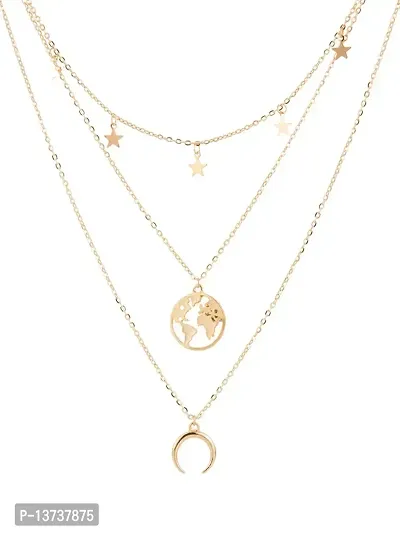 Vembley Lovely Gold Plated Triple Layered Multi Star, Half Moon and World Pendant Necklace For Women and Girls