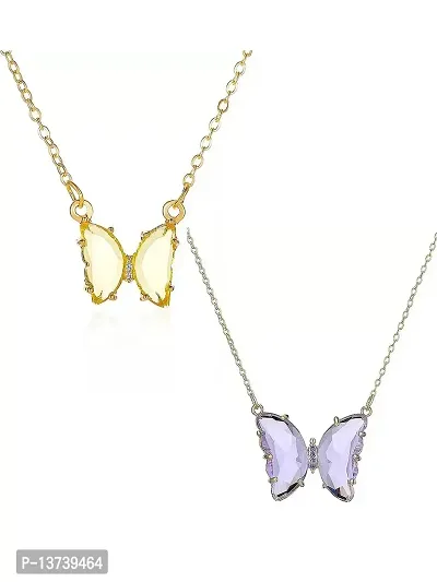 Vembley Combo Of 2 Elegant Gold Plated Yellow and Purple Crystal Butterfly Pendant Necklace For Women and Girls