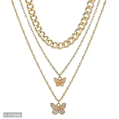 Vembley Gorgeous Gold Plated Triple Layered Butterfly Pendant Necklace for Women and Girls-thumb0