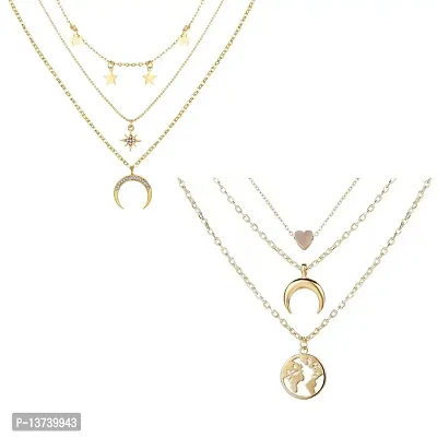 Vembley Combo of 2 Gold Plated Triple Layered Stars Half Moon and Earth Pendant Necklace For Women and Girls