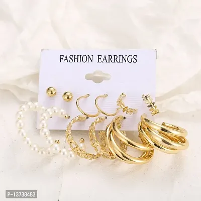 Vembley Combo of 6 Pair Fancy Gold Plated Chain Pearl Hoop Earrings-thumb3