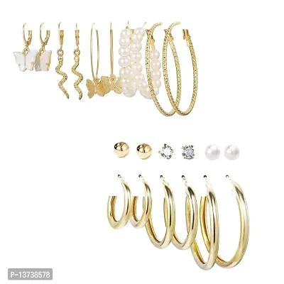 Vembley Combo of 21 Pair Pretty Gold Plated Pearl Stone Studs and Hoop Earrings For Women and Girls-thumb0