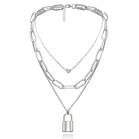 Vembley Silver Three Layered Heart Lock Chain Necklace For Girls And Women-thumb3