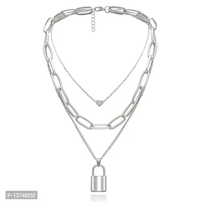 Vembley Silver Three Layered Heart Lock Chain Necklace For Girls And Women-thumb4