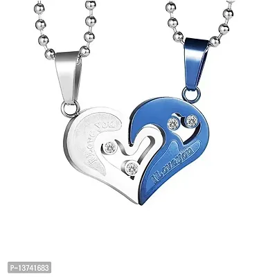 Vembley Loveable Blue Silver Stainless Steel I Love You Broken Heart Pendant Necklace-thumb5