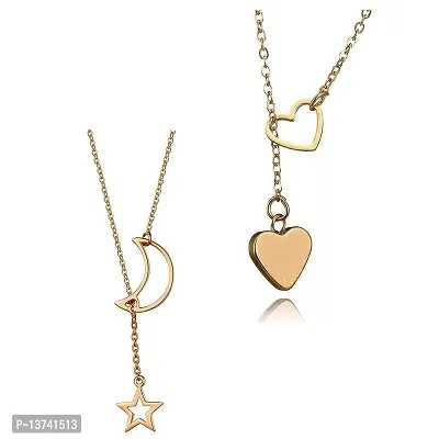 Vembley Pack Of 2 Stunning Gold Plated Y-Shaped Drop Heart and Moon Dropping Pendant Necklace For Women and Girls-thumb0