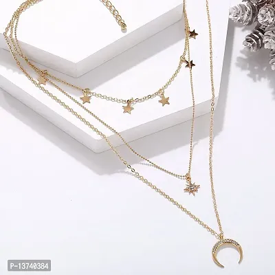 Vembley Pack Of 2 Charming Gold Plated Triple Layered Stars Half Moon and Earth Pendant Necklace for Women and Girls-thumb4