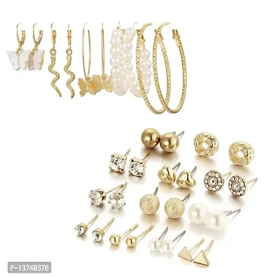 Vembley Combo of 17 Pair Stylish Gold Plated Studded Pearl Studs and Hoop Earrings For Women and Girls