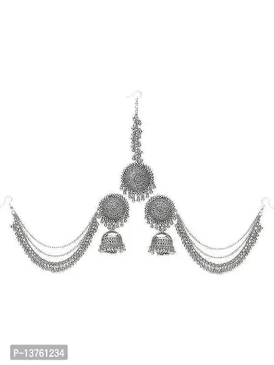 Vembley Designer Silver Bahubali Jhumka Earrings With Maang Tikka Set For Women and Girls