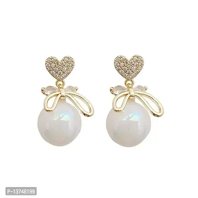 Vembley Korean White Pearl Studded Bow Heart Drop Earrings For Girls And Women-thumb0