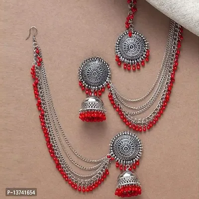 Vembley Traditional Red Beads Maang Tika With Chain Jhumka Earrings For Girls And Women-thumb3