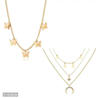 Vembley Combo of 2 Gold Plated Butterfly and Star and Drop Half Moon Pendant Necklace For Women and Girls-thumb0