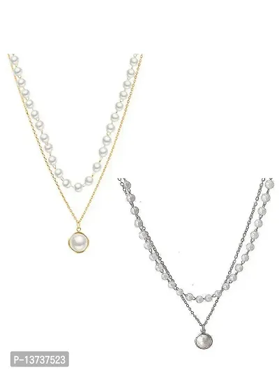 Vembley Pack Of 2 Charming Gold and Silver Plated Double Layered Pearl Drop Pendant Necklace for Women and Girls-thumb0