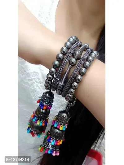 Vembley Combo of 2 Gorgeous Silver Bangle Bracelet with Hanging multicolor Beads Jhumki-thumb2