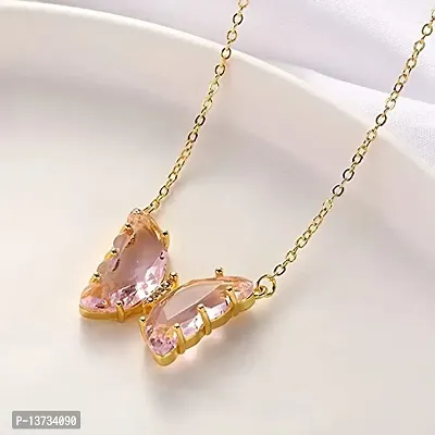 Vembley Lovely Gold Plated Pink Crystal Butterfly Pendant Necklace for Women and Girls-thumb2