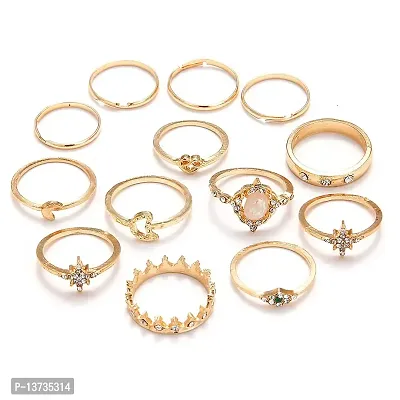 Gold Plated 12 Piece White Crystal Eye Moon Star Crown Multi Designs Ring Set For women and Girls.
