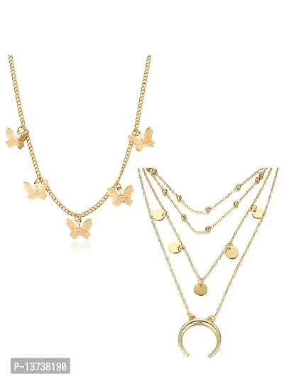 Vembley Pack Of 2 Charming Gold Plated Butterfly and Beads, Coin and Drop Half Moon Pendant Necklace for Women and Girls
