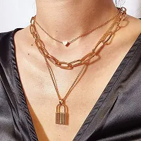 Vembley Stylish Triple Layered Gold Plated Heart Lock Pendant Necklace For Women and Girls-thumb2