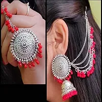 Vembley Traditional Red Beads Maang Tika With Chain Jhumka Earrings For Girls And Women-thumb1
