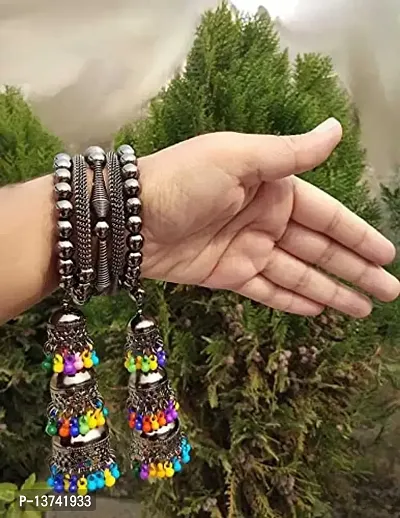 Vembley Combo of 2 Classic Silver Bangle Bracelet with Hanging multicolor Beads Jhumki for Women and Girls-thumb2