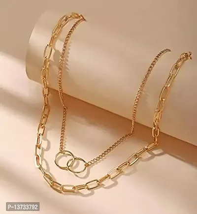 Vembley Pretty Gold Plated Double Layered Chunky Chain Link and Double Circle Ring Pendant Necklace for Women and Girls-thumb2