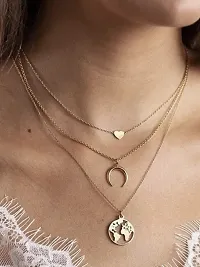 Vembley Gorgeous Gold Plated Triple Layered Heart Moon and Earth Pendant Necklace For Women And Girls-thumb1