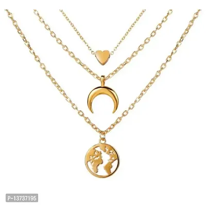 Vembley Stunning Gold Plated Triple Layered Heart Moon and Earth Pendant Necklace