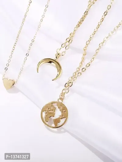 Vembley Gorgeous Gold Plated Triple Layered Heart Moon and Earth Pendant Necklace For Women And Girls-thumb3