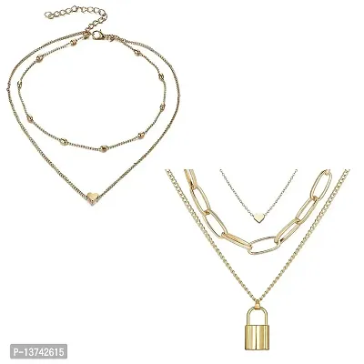 Vembley Combo of 2 Lavish Gold Plated Layered Heart Lock  Heart Pendant Necklace For Women and Girls