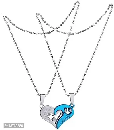 Vembley 2 Pcs Blue-Silver Heart I Love You Couple Pendant Necklace For Men And Women