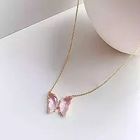 Vembley Lovely Gold Plated Pink Crystal Butterfly Pendant Necklace for Women and Girls-thumb3