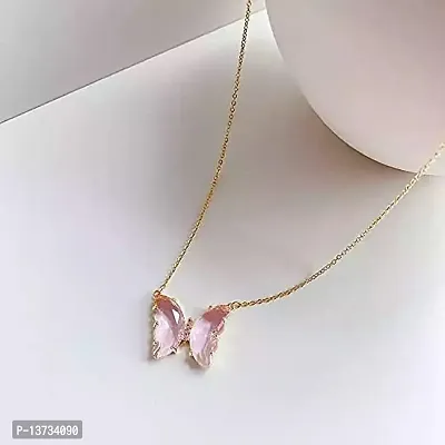 Vembley Lovely Gold Plated Pink Crystal Butterfly Pendant Necklace for Women and Girls-thumb4