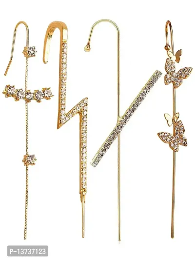Vembley Pack Of 4 Gold Plated Stylish Zircon Studded, Cross and Butterfly and Zircon Studded Ear Cuff for Women  Girls