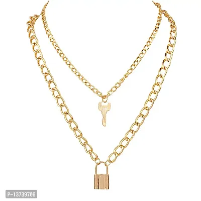 Vembley Charming Gold Plated Double Layered Lock and Key Pendant Necklace for Women and Girls