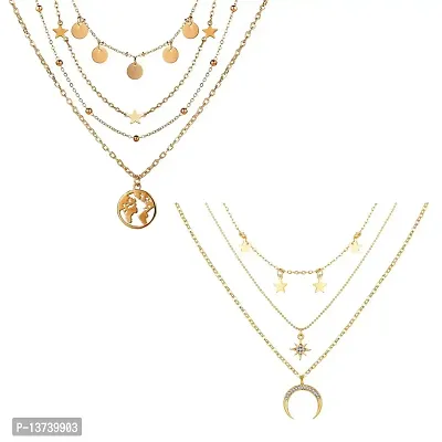 Vembley Combo of 2 Golden Triple Layered Moon Star  Coin Star Earth Pendant Necklace For Women and Girls