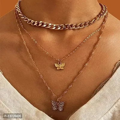 Vembley Gorgeous Gold Plated Triple Layered Butterfly Pendant Necklace for Women and Girls-thumb2