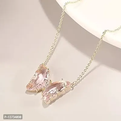 Vembley Lovely Gold Plated Pink Crystal Butterfly Pendant Necklace for Women and Girls-thumb3