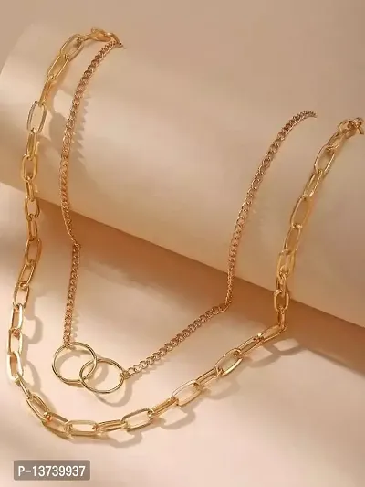 Vembley Pretty Gold Plated Double Layered Chunky Chain Link and Double Circle Ring Pendant Necklace For Women and Girls-thumb2