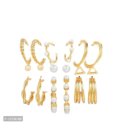 Combo 6 Pair Stylish Gold Plated Pearl Studded Studs Hoop Earring