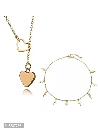 Stunning Gold Plated Y-Shaped Drop And Thunder Storms Heart Pendant Necklace For Women And Girls-2 Pieces