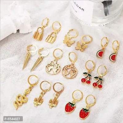 Combo of 9 Pair Stylish Golden Fruit Animal and Lock Earrings for Women and Girls