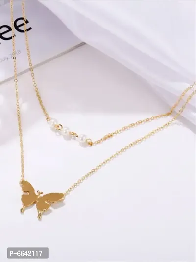 Lovely Gold Plated Double Layered Pearls And Butterfly Pendant Necklace