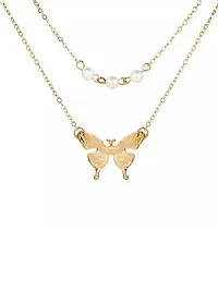 Lovely Gold Plated Double Layered Pearls And Butterfly Pendant Necklace-thumb1