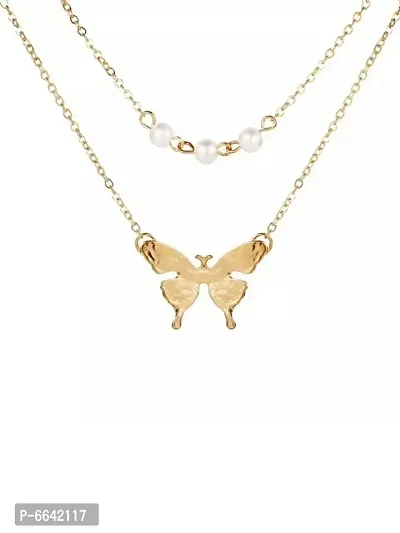 Lovely Gold Plated Double Layered Pearls And Butterfly Pendant Necklace-thumb2