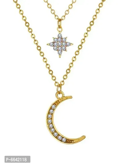 Stunning Gold Plated Double Layered Star And Moon Pendant Necklace-thumb3