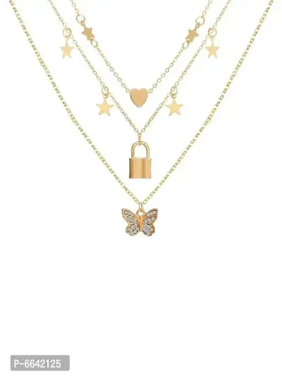 Stunning Gold Plated Triple Layered Butterfly And Heart Necklace-thumb0