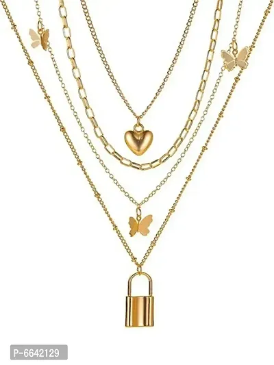 Charming Gold Plated Multi Layered Heart And Butterfly Necklace