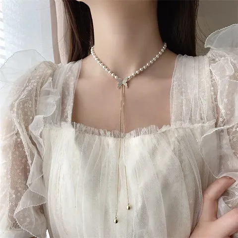 Golden Butterfly Chain Pearl Tassel Pendent Necklace For Women And Girls