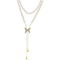 Golden Butterfly Chain Pearl Tassel Pendent Necklace For Women And Girls-thumb1