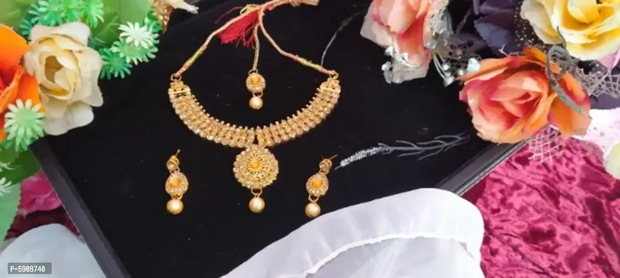 Elegant Alloy Gold Plated Kundan Necklace with Earrings For Women